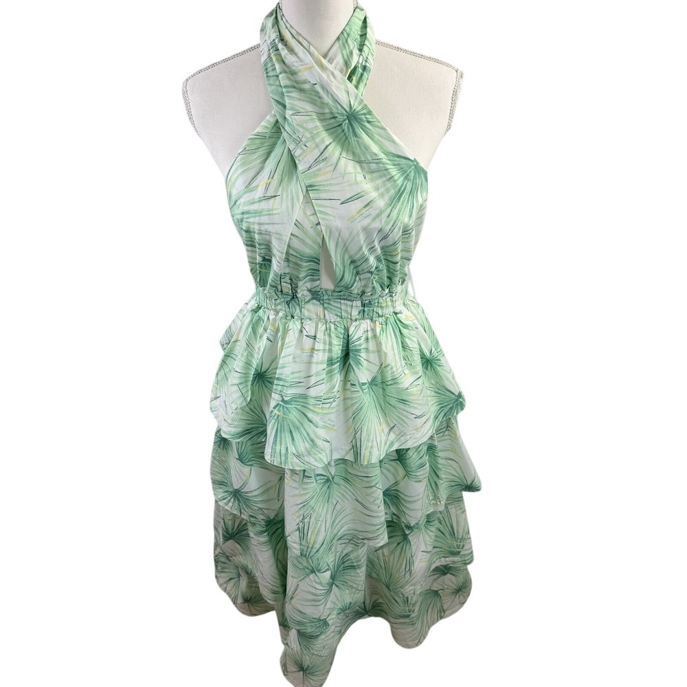 NWT Sewing Down South Crown & Ivy Green Palm 100% Cot Tiered Halter Dress Size M - Picture 3 of 10